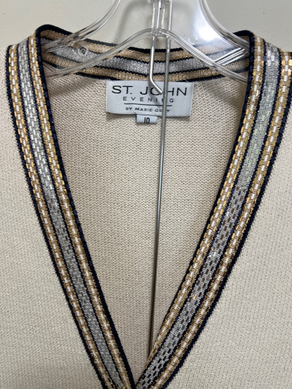 St. John Cream Knit Jacket with Black & Gold Trim - Picture 3 of 5